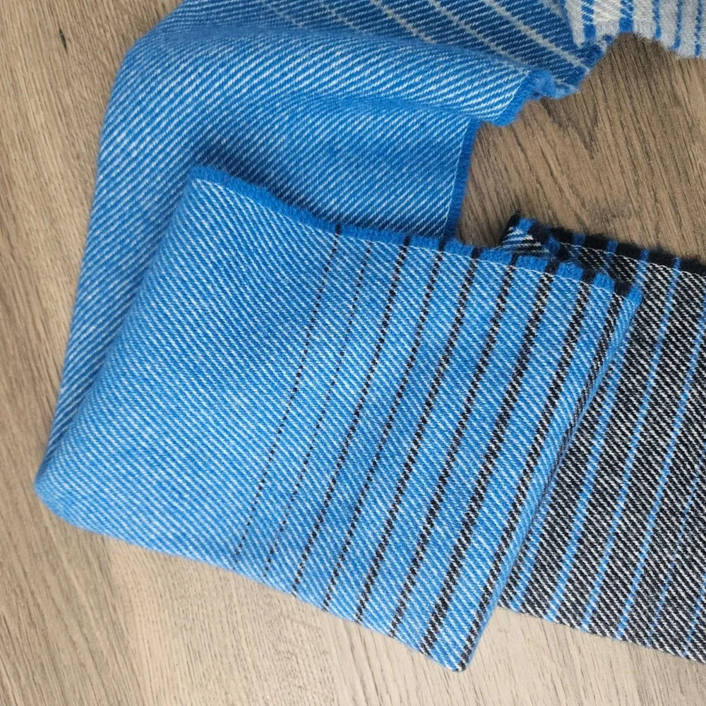 Aran Islands Knitwear Scarf‎ Blue Grey Striped Wool Blend Made in Ireland Fringe